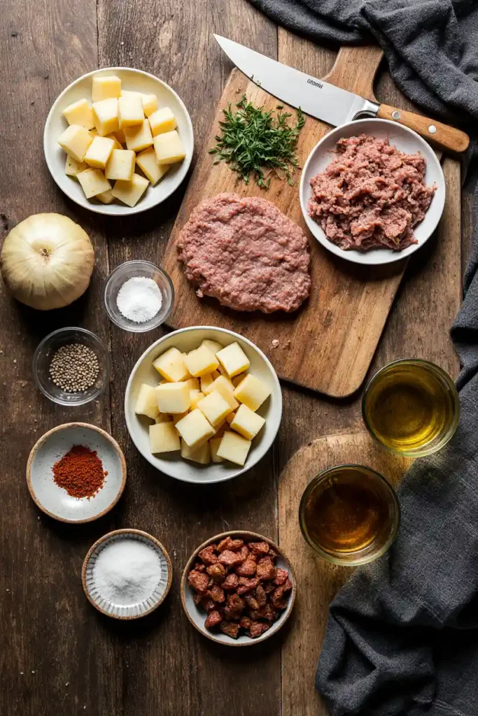 Schnelle Kartoffel Hackfleischpfanne aus einer Pfanne. Einfaches Familienrezept, günstig, sättigend und perfekt für den stressigen Feierabend.