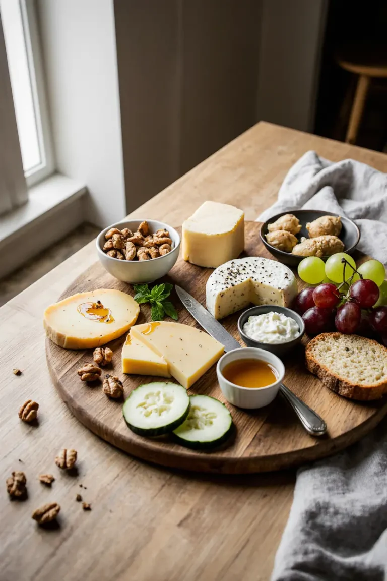 Photorealistic featured image of “Käseplatten Ideen – Einfach & kreativ in 15 Minuten”, a rustic cheese board served on a large oval wooden serving board on a light oak dining table. Visible ingredients: cubes of mild Gouda, wedges of Camembert with creamy center slightly oozing, slices of Bergkäse, a small bowl of Frischkäse topped with cracked pepper, fresh green and red grapes, scattered walnuts, thin slices of cucumber and paprika, a small ceramic bowl with golden honey, and diagonally sliced baguette arranged at the edge. Imperfection mandate: a small drip of honey on the rim of the bowl, a few walnut crumbs scattered on the board, one grape slightly separated and rolling toward the edge, a knife with a bit of creamy Camembert residue on the blade, a few breadcrumb crumbs on the table, casually placed linen napkin slightly wrinkled. Style inspired by a popular German food blogger (emmikochteinfach.de style), soft and natural look, cozy and inviting atmosphere. Soft natural daylight coming from a side window (left side), gentle shadows, simple out-of-focus home kitchen background with light cabinets. Photorealistic, shot on a DSLR with a 50mm f/1.8 lens, 45-degree angle, shallow depth of field, high resolution, natural colors, no artificial styling, authentic homemade feeling.